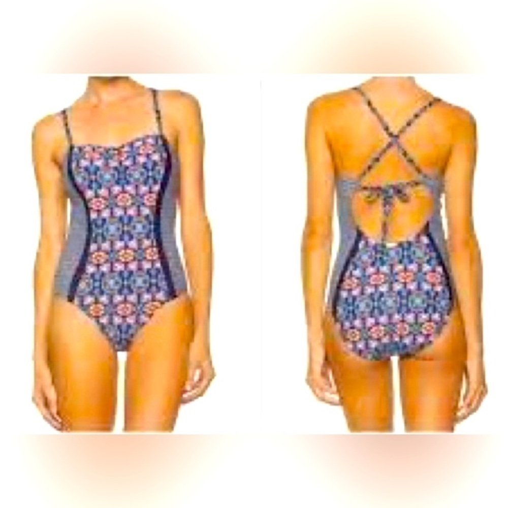 HELEN Jon Grace Bay Boho Large Navy Multi One Piece Swimsuit EUC